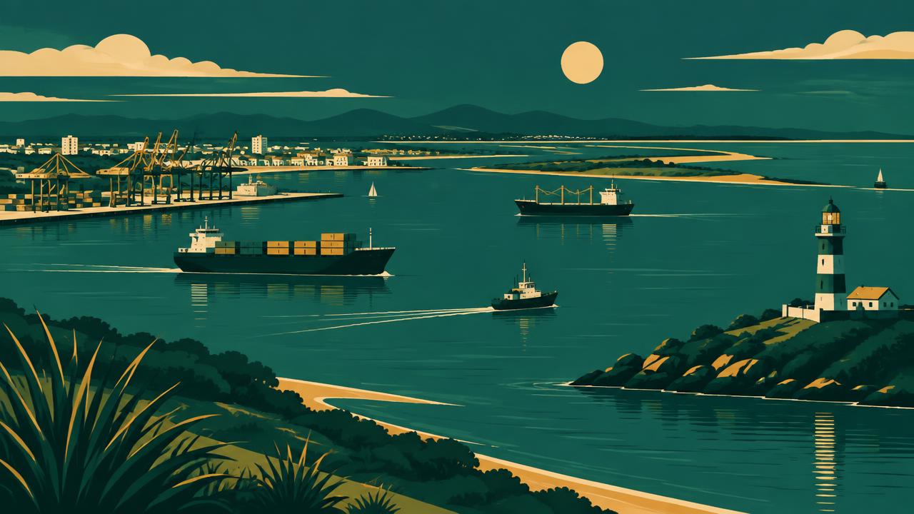 Lagoa costeira com porto, navios e farol no sul do Brasil