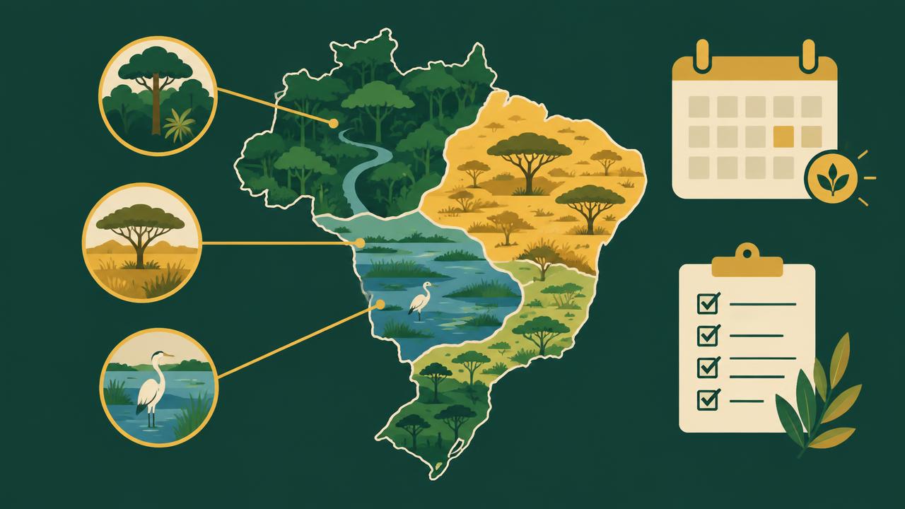 Mapa do Brasil com biomas ilustrados, calendário e checklist