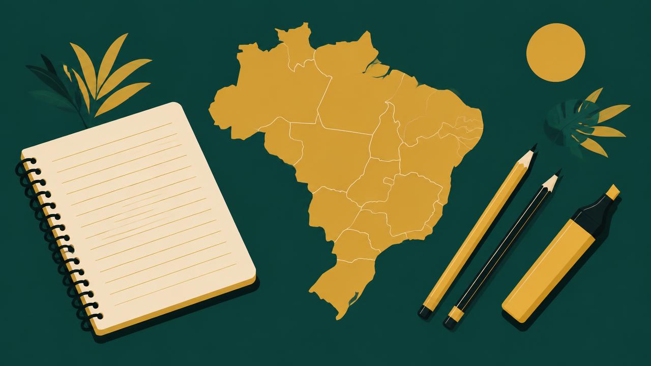 Ilustração do mapa do Brasil ao lado de caderno, lápis e marca-texto