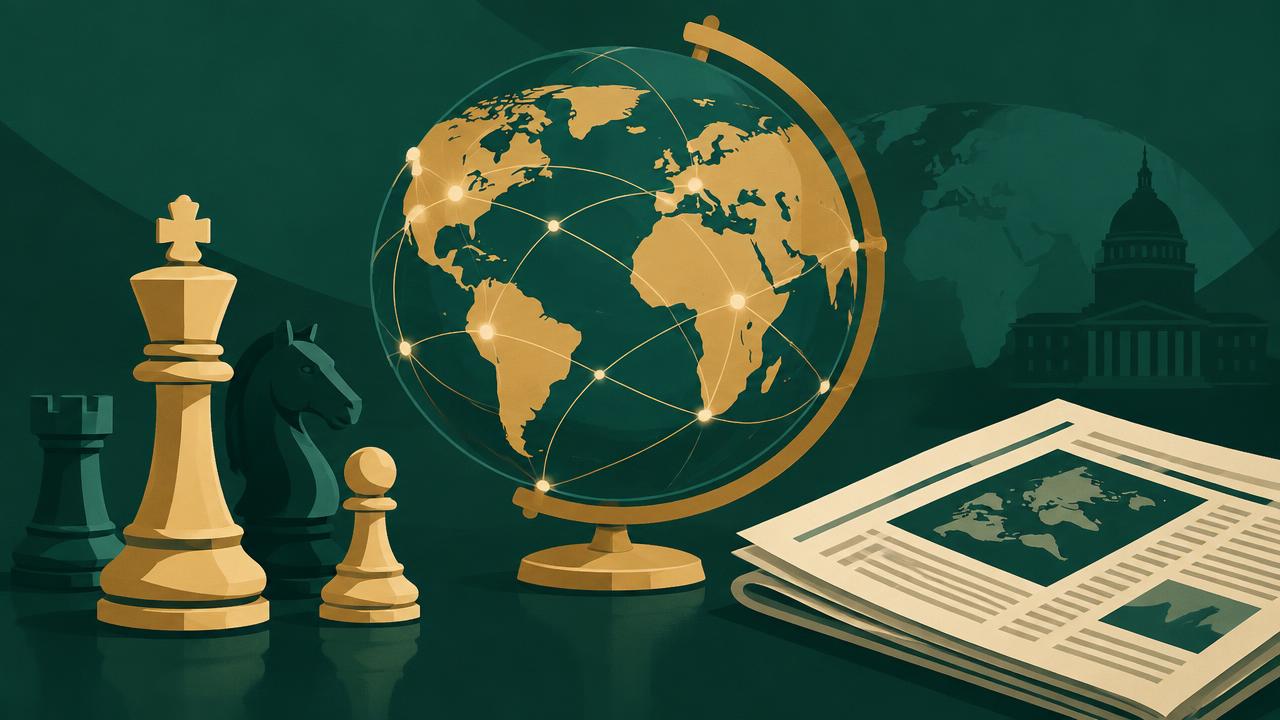 Globo com linhas de conexão entre continentes, peças de xadrez e jornal