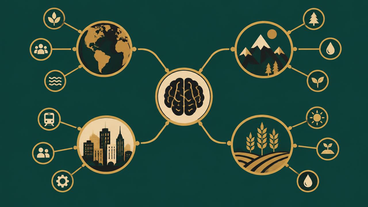 Mapa mental ilustrado conectando globo, montanhas, cidade e plantação