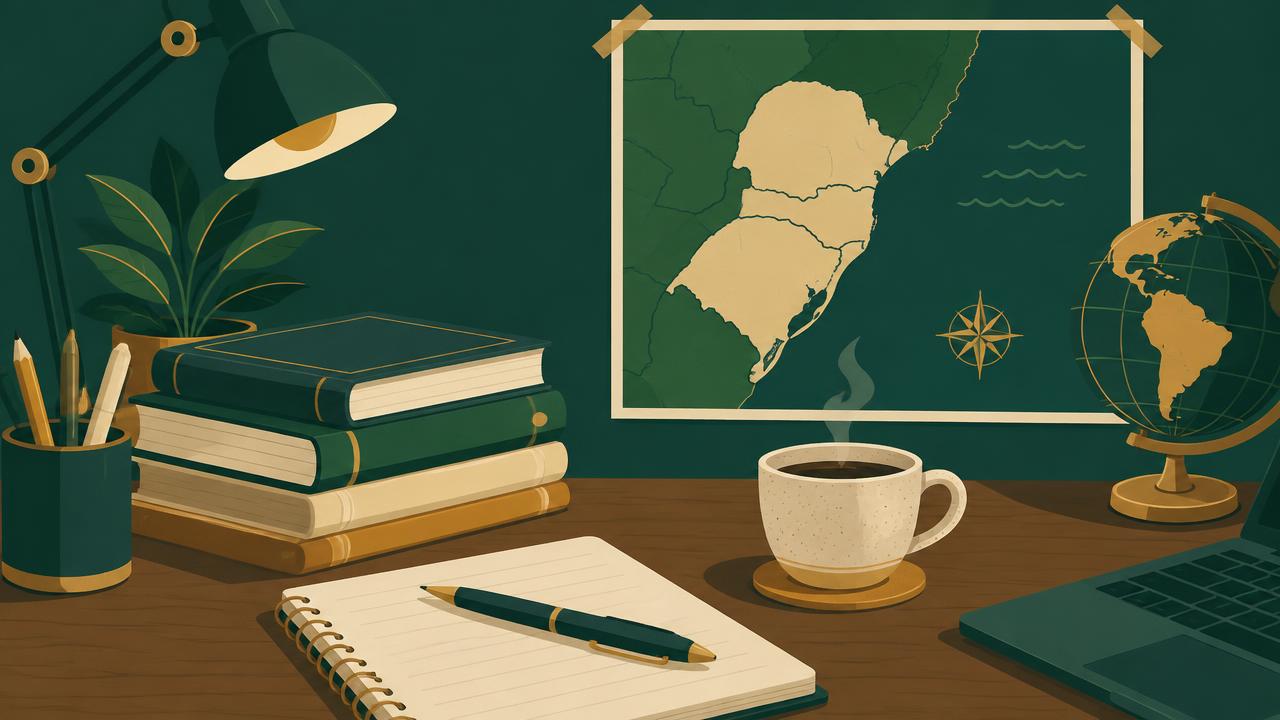 Mesa de estudos com livros, café e mapa do sul do Brasil na parede