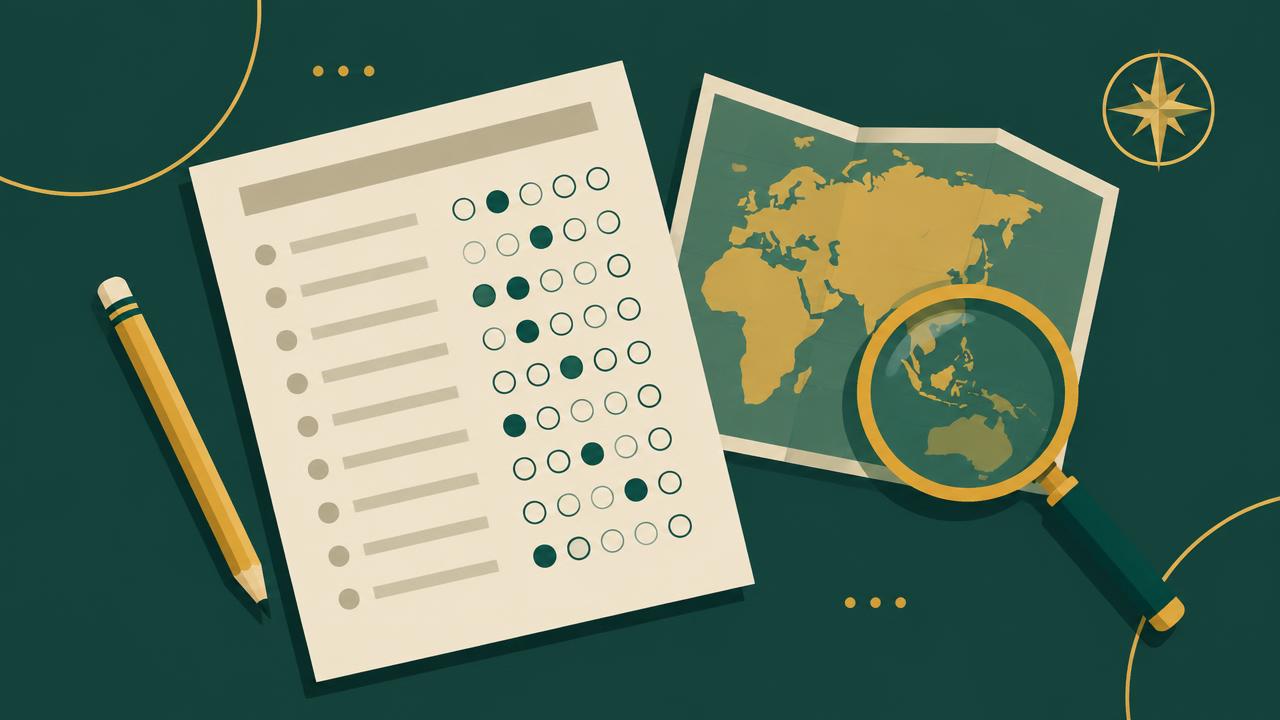 Folha de prova com alternativas marcadas ao lado de um mapa e uma lupa