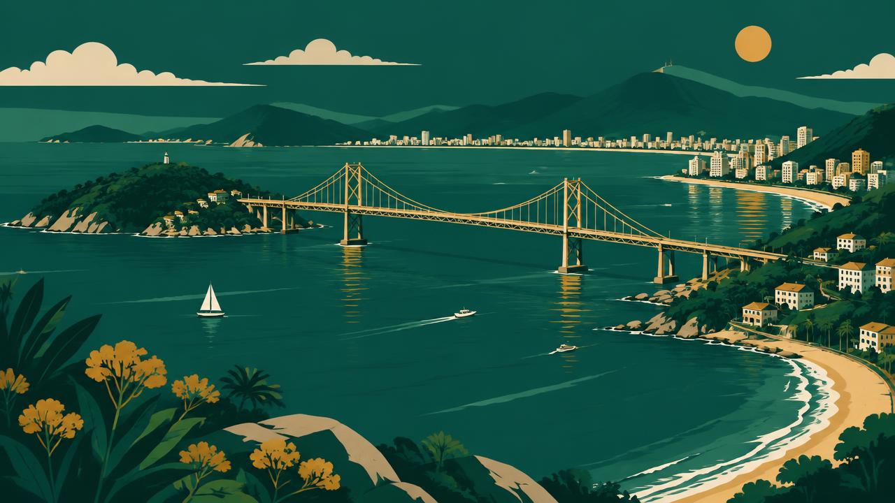 Ilustração de ilha com ponte pênsil, praia e morros verdes