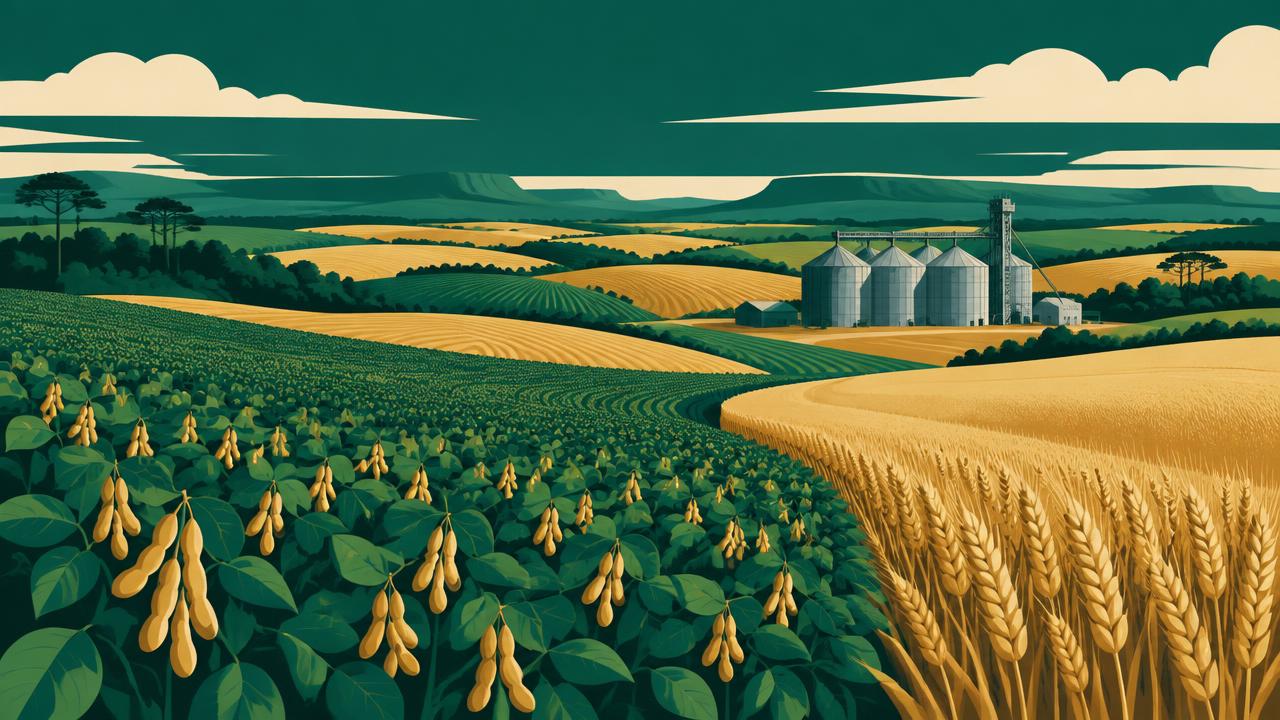 Plantações de soja e trigo no planalto gaúcho com silos ao fundo